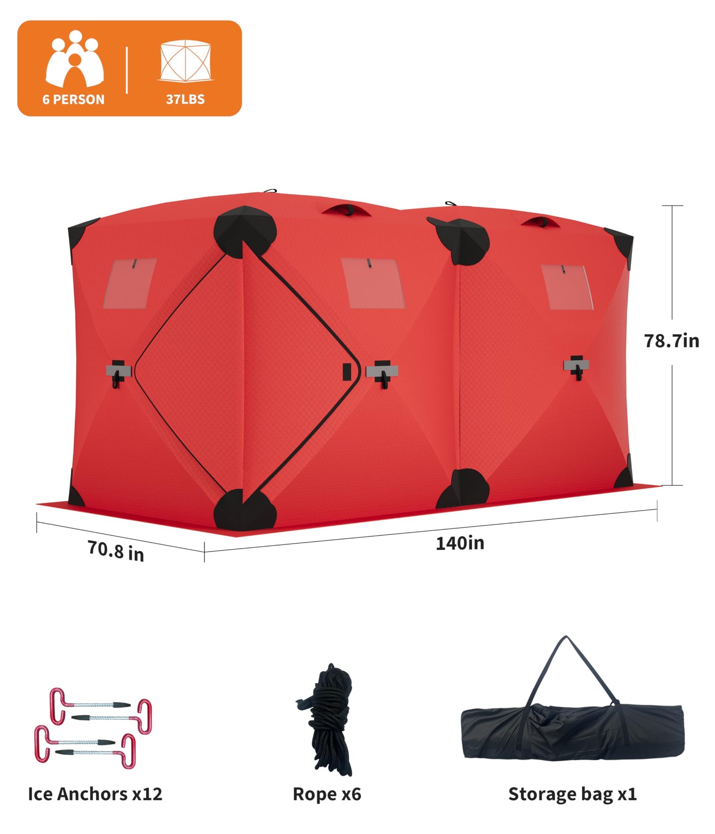 Garvee Pop Up Ice Fishing Tent Insulated Ice Fishing Shelter 140"x70.8"x79" Portable Hub-Style Shelter Shanty Windproof and Warm for 6 to 8 Persons, Includes Anchors, Ropes & Carry Bag, Red