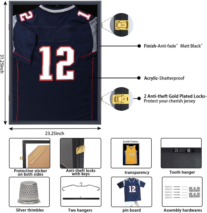 Jersey Display Frame Case - Lockable Sports Shadow Box with UV Protection Acrylic | Large Size for Baseball, Basketball, Football, Soccer, Hockey - Black