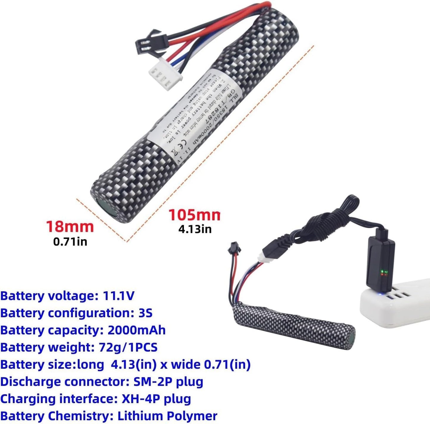 11.1V 2000mAh Li-Ion Battery for Airsoft Gel Blasters - SM-2P Plug & USB Charger | Replacement Power Source