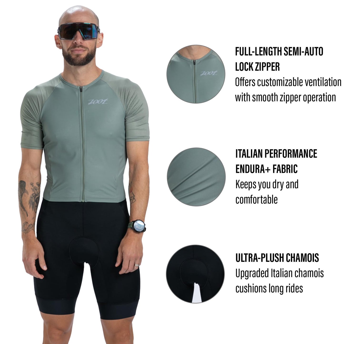 Zoot Men’s Core Tri Aero FZ Racesuit, Short Sleeve Moisture-Wicking Triathlon Suit, Plush Chamois & Storage for Race Day - Army Green - Small