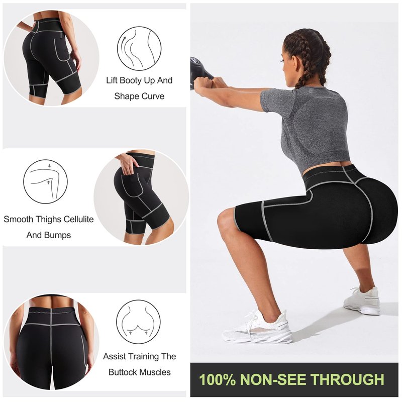 TrainingGirl Women's Hot Neoprene Sauna Sweat Shorts with Pocket Weight Loss Slimming Pants Workout Body Shaper Yoga Leggings (Black, XL (See in Last Picture))