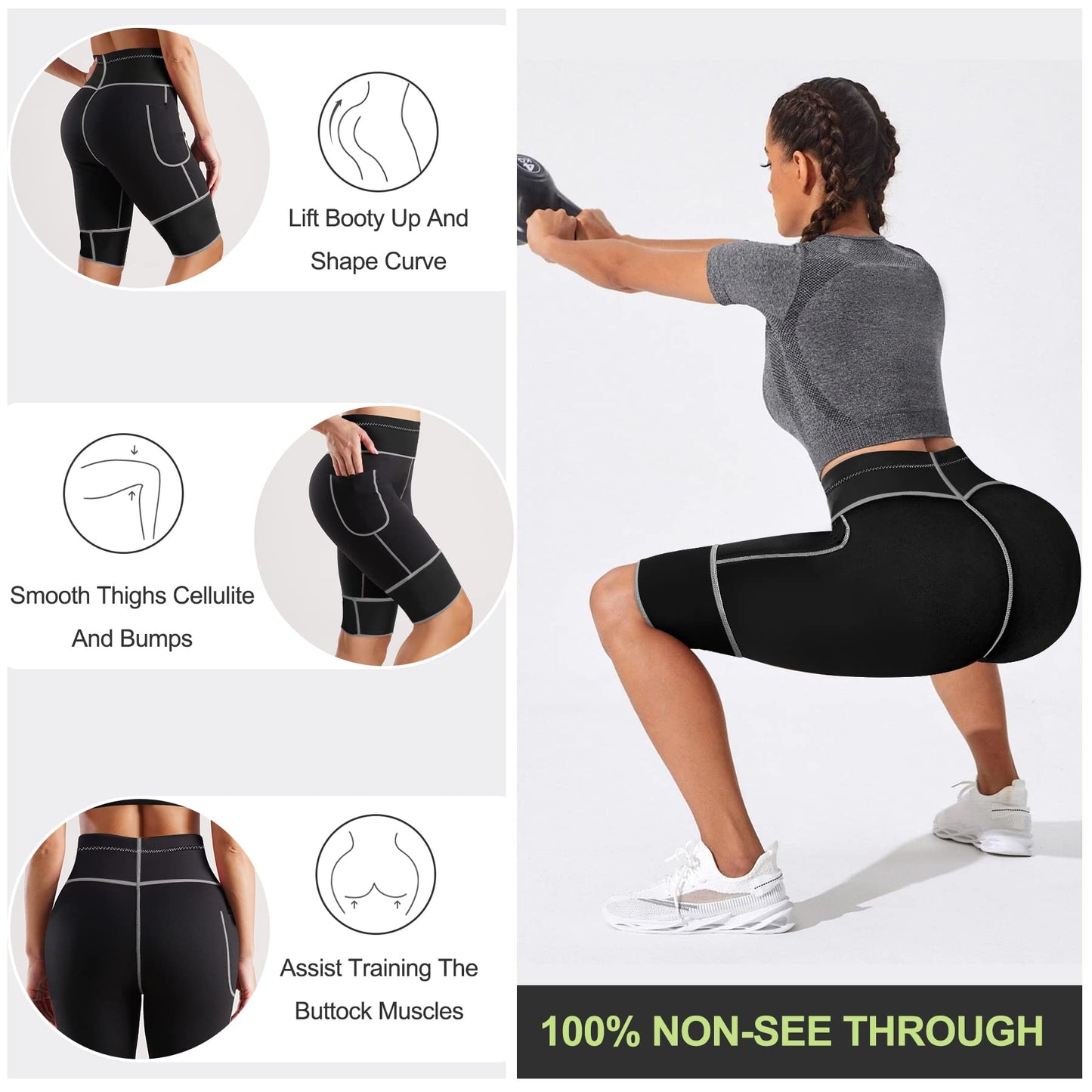 TrainingGirl Women's Hot Neoprene Sauna Sweat Shorts with Pocket Weight Loss Slimming Pants Workout Body Shaper Yoga Leggings (Black, L (See in Last Picture))