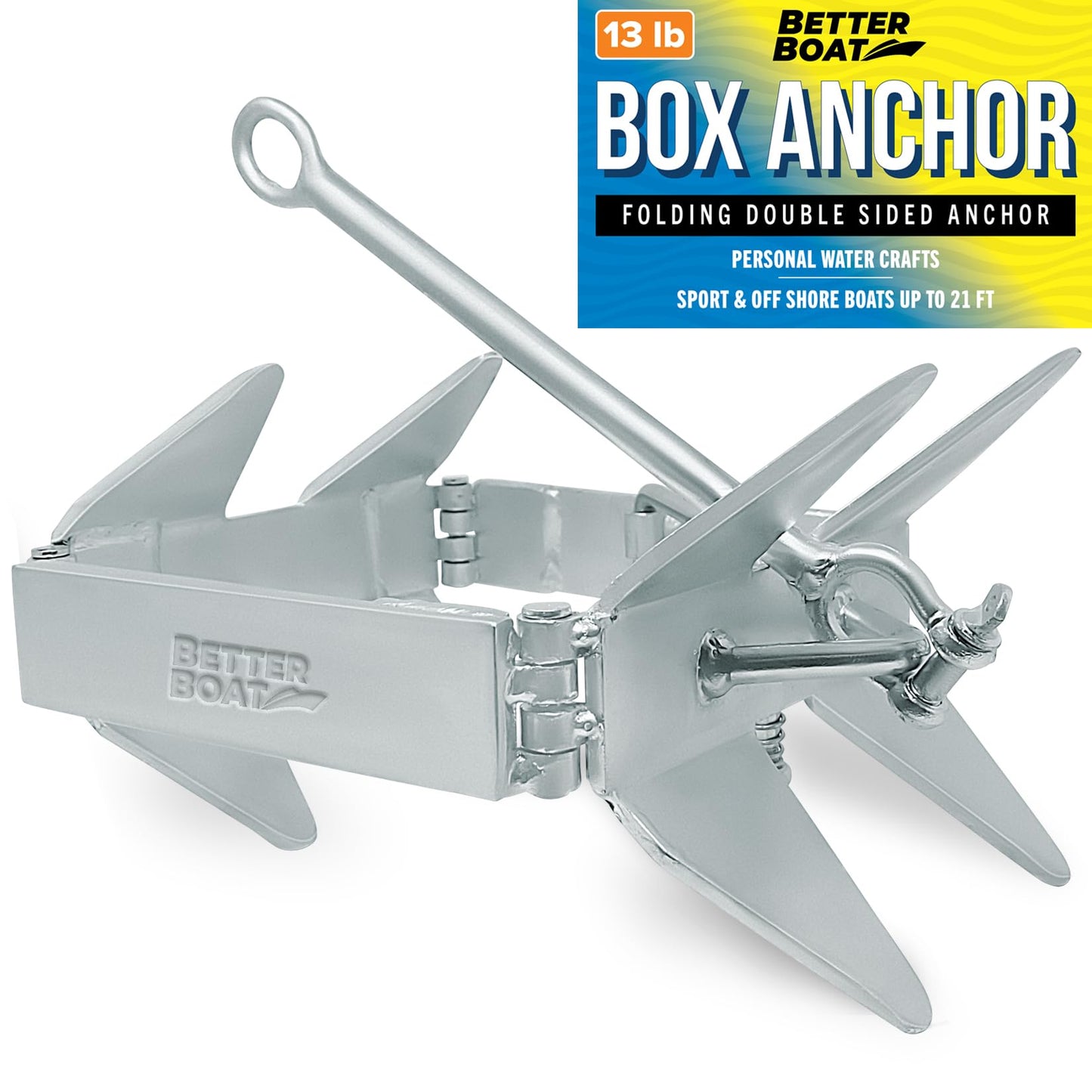 Better Boat 13lb Box Anchor for Boats up to 21ft, Folding Boat Anchor Hot Dip Galvanized, Double Sided Slide Anchor for Pontoon and Fishing Boats, Collapsible