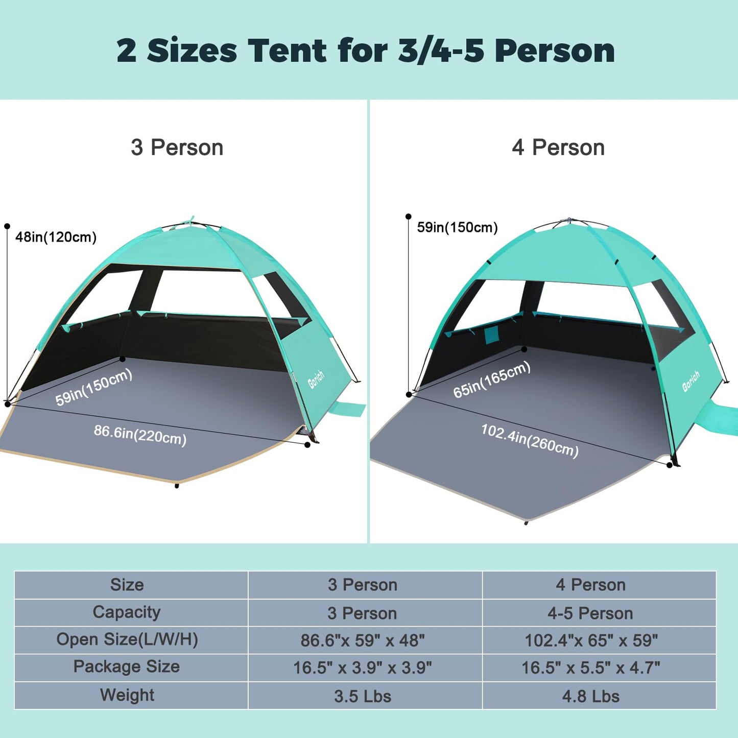 Gorich Beach Tent Sun Shelter for 3/4-5/6-7/8-10 Person with UPF 50＋ UV Protection, Lightweight & Easy Setup Beach Shade Canopy, Portable Beach Shade Tent Beach Cabana