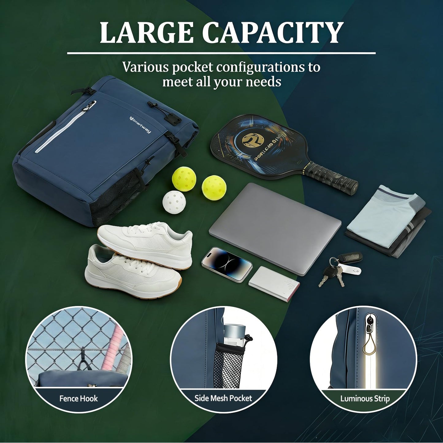 Smartway Waterproof Pickleball Bag With Shoe Compartment - Large Capacity Tennis Racket Backpack For Men Women