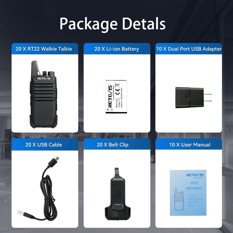 Retevis RT22 Walkie Talkies - Mini Rechargeable Two-Way Radio | Long Range, Portable for Business & School (20 Pack, Black)