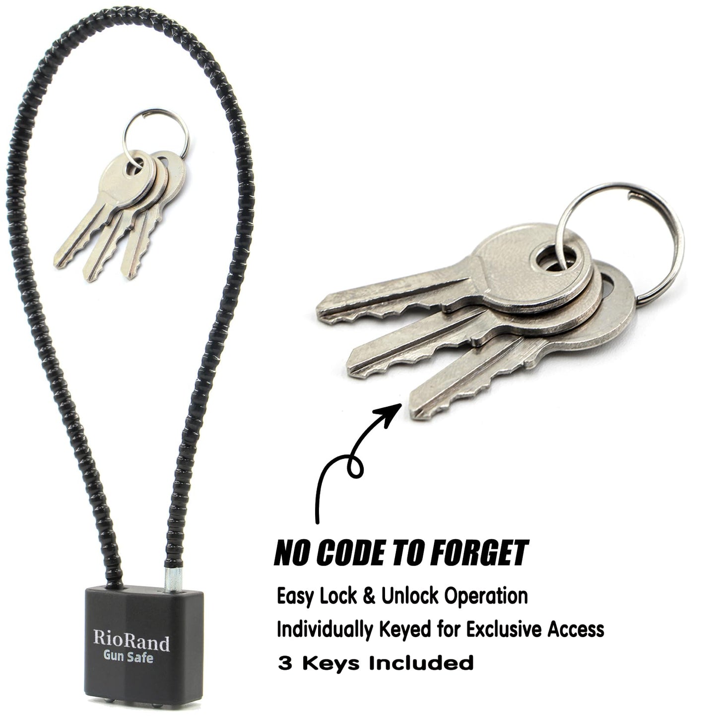 RioRand Keyed Alike Cable Gun Lock 8.5" & 15", Safety Lock Compatible with Pistols, Rifles & Shotguns for Home & Firearm Storage (Jet, 15 Inch, 8.5"/15" Cable Gun Lock Family)