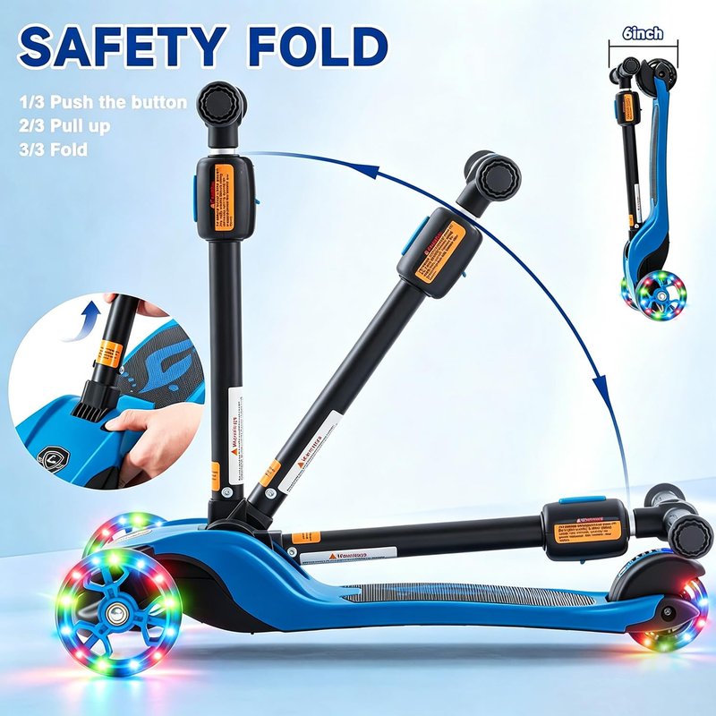 GLAMUP 3-Wheel Scooter for Kids, 2-in-1 Folding Kick Scooter with Removable Seat, Adjustable Height & Safety Lock, Lean-to-Steer, LED Light-Up Wheels for Boys and Girls Ages 3-14, Blue