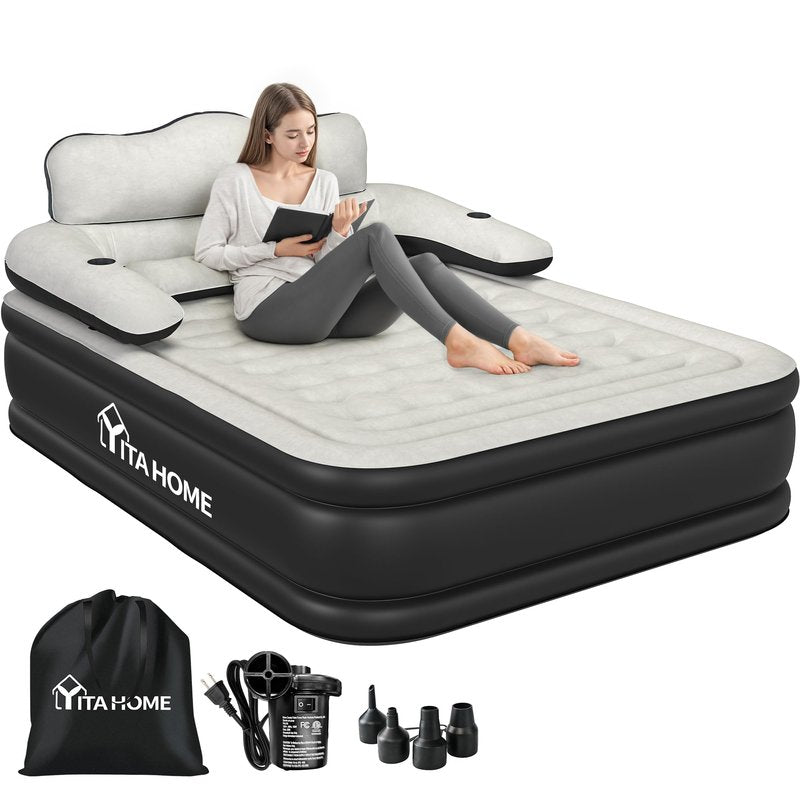 YITAHOME Queen Size Air Mattress with Headboard and Built-in Pump, 18in Blow Up Mattress with Carry Bag, and Nozzles for Home, Camping, and Travel