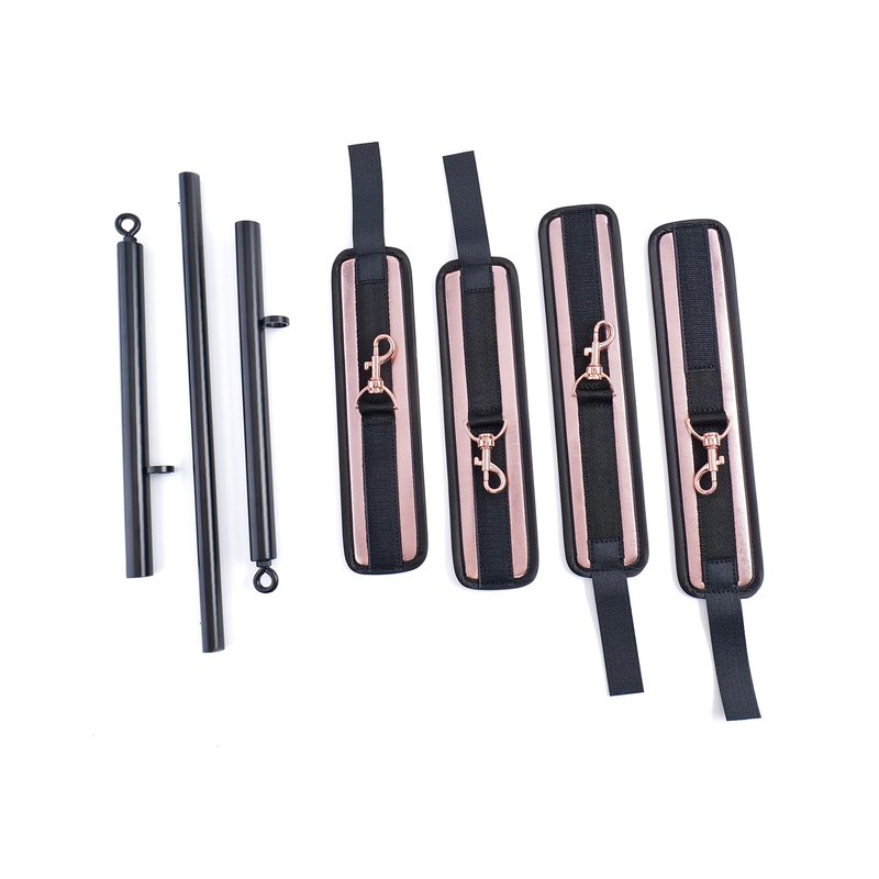 3 in 1 Heavy Duty Stainless Steel Expandable Black Spreader Bar with 4pcs PU Rose-Gold Adjustable Straps,Workout Bar for Home Gym Training Bar,Portable Detachable Pilates Kit