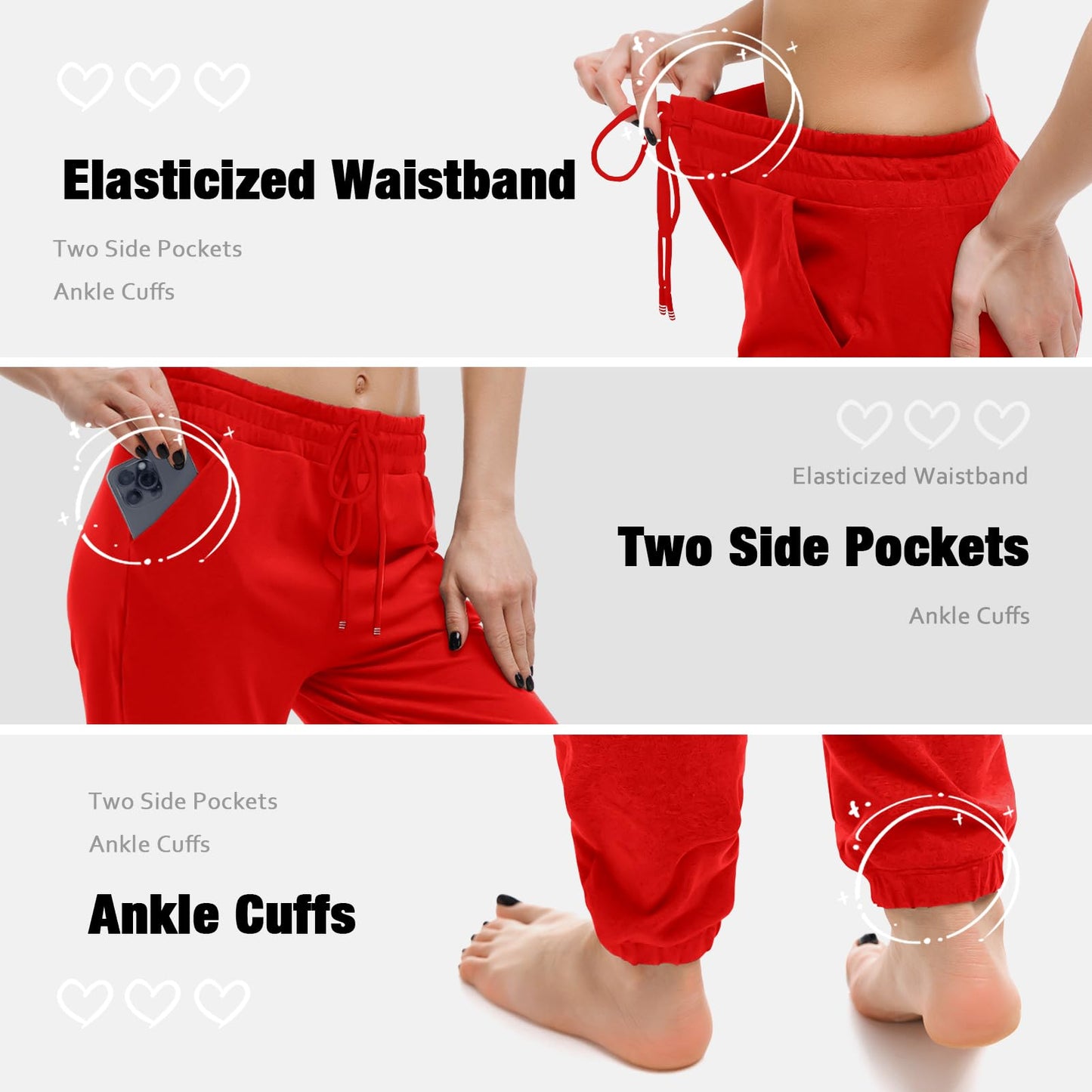 Walifrey Womens Joggers with Pockets, Drawstring Sweatpants Women for Lounging Jogging Gym and Workout BrightRed,1 Pack BrightRed M