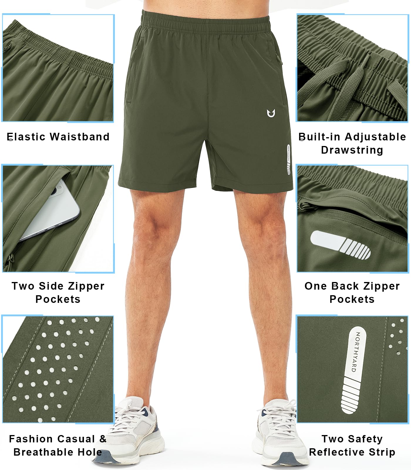 NORTHYARD Men's Athletic Running Shorts Gym Workout 7"/9"/5" Quick Dry Lightweight Sports Basketball Tennis 3 Zipper Pockets ARMYGREEN-5inch 2XL