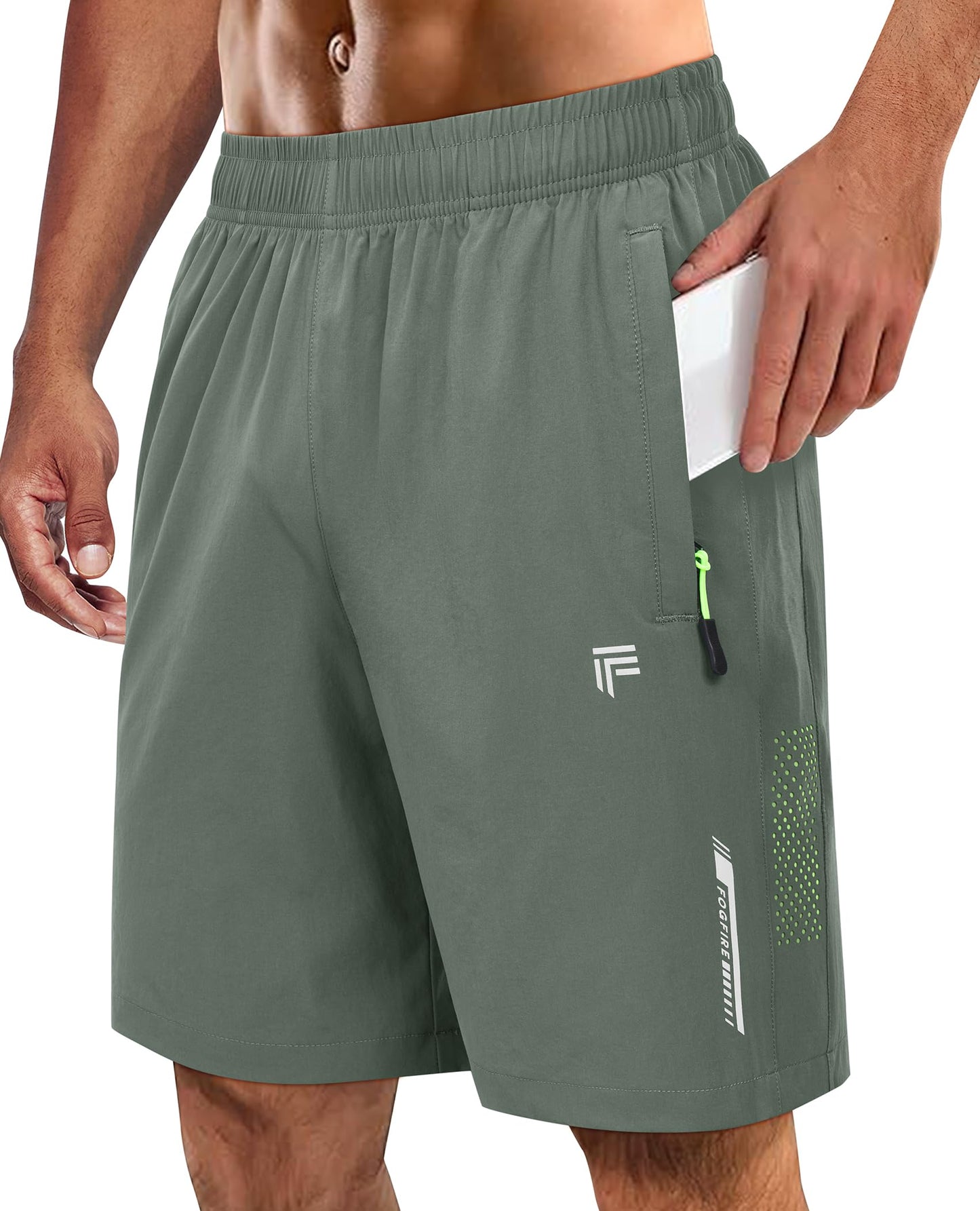 FOGFIRE Men's Athletic Running Shorts with Zipper Pockets Quick Dry Drawstring 7" Gym Shorts for Basketball Workout Jogging-Grey Sage