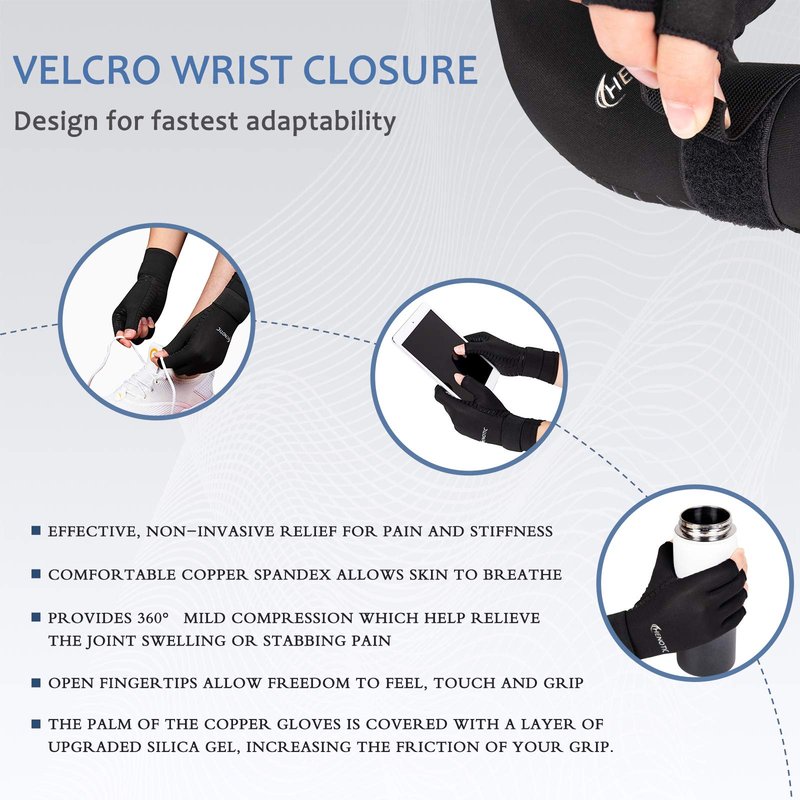 HENOTIC 2 Pairs Copper Arthritis Gloves for Women Men, Wrist Reinforcement Fingerless Arthritis Compression Gloves for Relieving Carpal Tunnel Aches, Rheumatoid Pains, Joint Swell
