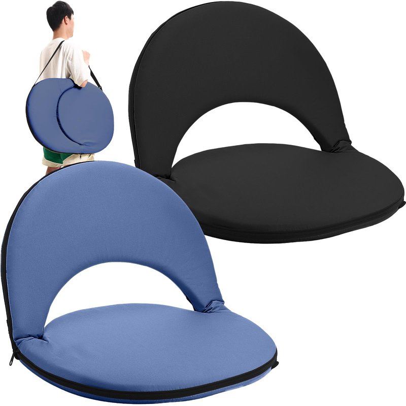 Cinnvoice 2 Pcs Stadium Seats Floor Chairs Reclining Bleacher Seat with Shoulder Strap Portable Recreation Recliner Beach Folding Waterproof Cushion Chair for Sports(Black and Dark Blue)
