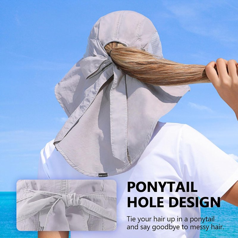 Ponytail Sun Hat - UPF 50+ Wide Brim for Hiking, Camping & Fishing | Light Gray & Watermelon Red