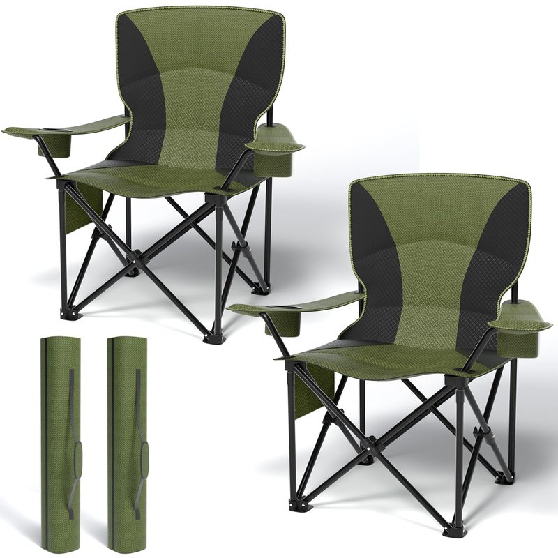 Heavy Duty Folding Chair 500LB Capacity, Oversized Camping Chairs with Cup Holder, Cooler Bag & Storage Pouch, Outdoor Chairs for Sports, Lawn Chairs , Fishing, Beach (2, Black Green, Oversized)
