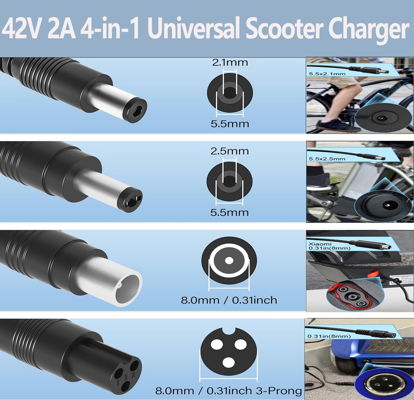 DMMNS 42V 2A Charger with 4 Tips (5.5x2.1/5.5x2.5/8mm 3-Prong/RCA) Compatible with Hiboy,Gotrax,Swagtron Universal for 36V/42V Scooter Battery