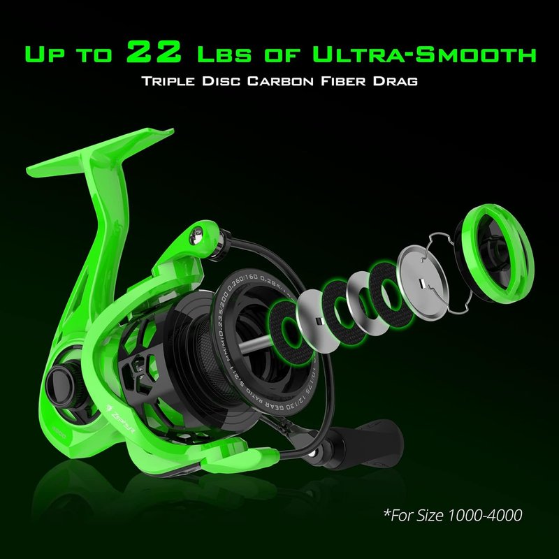 KastKing Zephyr Spinning Reel - Lightweight Carbon Fiber Drag, Stainless Steel Shaft | Sizes 500/1000 - Black/Green/Orange