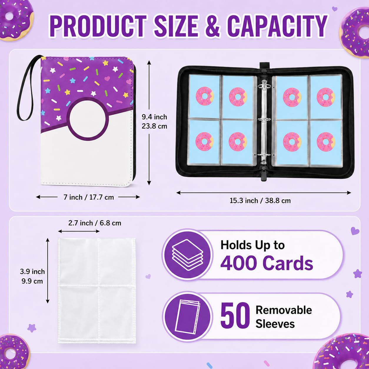 4 Pocket Card Binder 400 Card Holder Album, Purple Donut Trading Cards Holder Zipper Binder for Girl Teen Collection (Purple Donut, 400 Pocket)