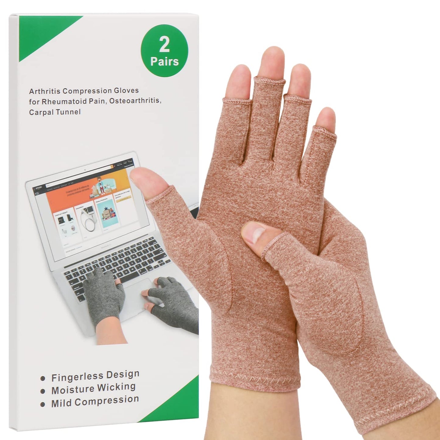 HSGEZUOQI 2-Pair Arthritis Compression Gloves for Alleviate Rheumatoid Osteoarthritis, Carpal Tunnel Raynauds Disease, Fingerless Design Breathable & Moisture, Women and Men (Coffee, Medium)