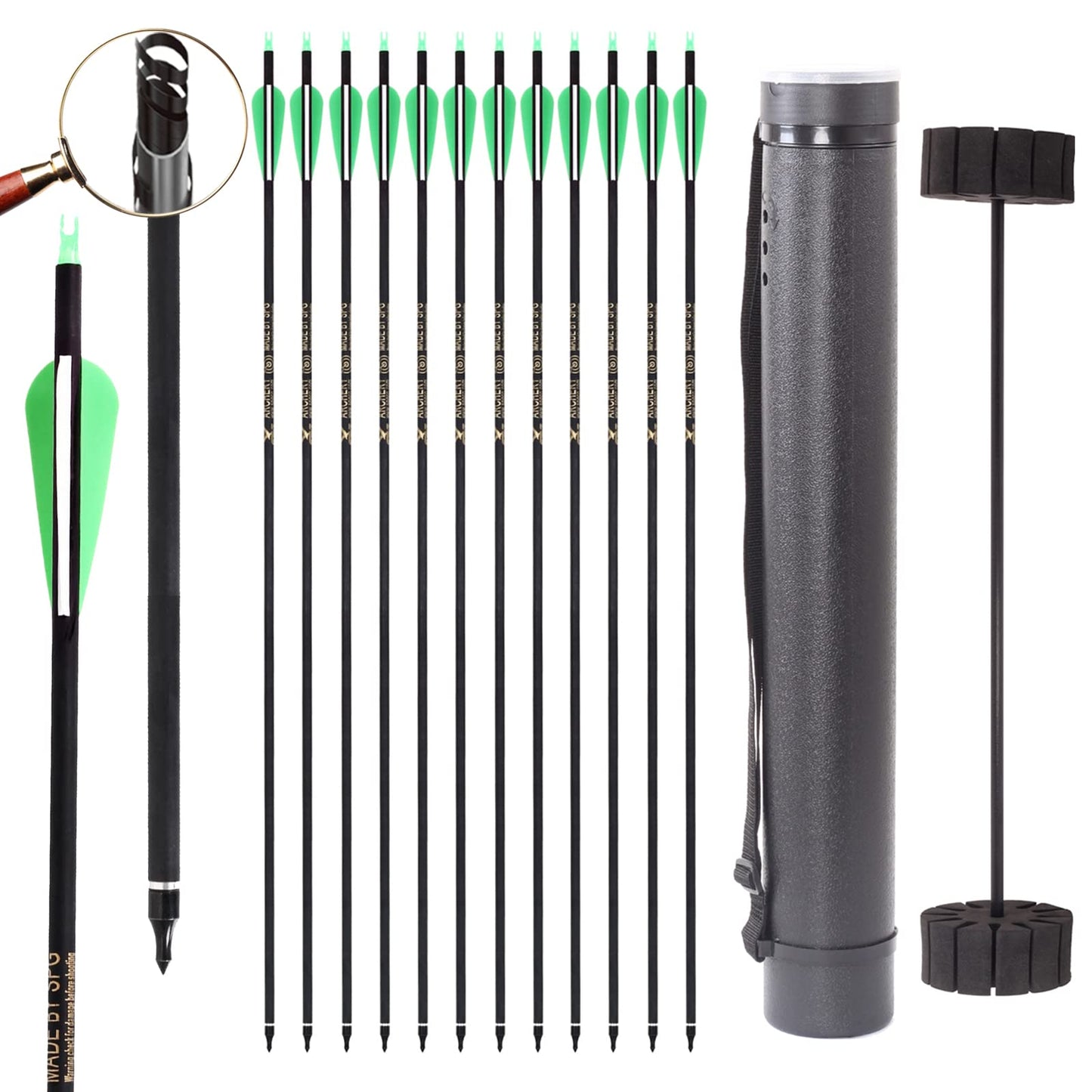 SOPOGER Archery Arrows for Compound Bow and Arrow Quiver Holder Tube, 31 Inch Arrows Practice Arrows for Recurve Bow 12 Packs, 500 Spine Hunting Arrows Carbon Fiber Target Arrow Accessories (Green)