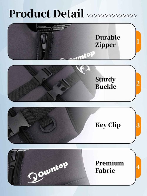 Owntop Adult Buoyancy Swim Vest - Lightweight Floating Swimwear for 130-210lbs Men Women Swim Jacket Easily Adjustable Full Mobility for Jet Ski Water Skiing Water Scooter Towable Tube, Black L