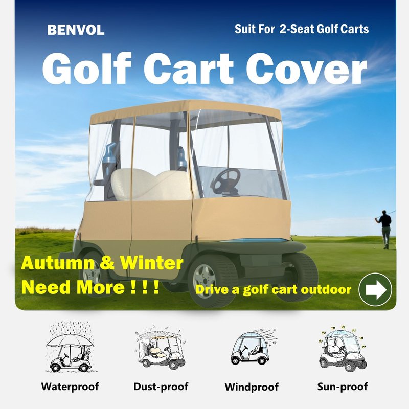 BENVOL Golf Cart Cover 2 Seater Drivable Enclosure - Fits Club Car Precedent, Tempo & EZGO TXT (Roof Up to 58") - 900D Heavy Duty Khaki Waterproof Rain Cover with 0.5mm Clear Vinyl Windows