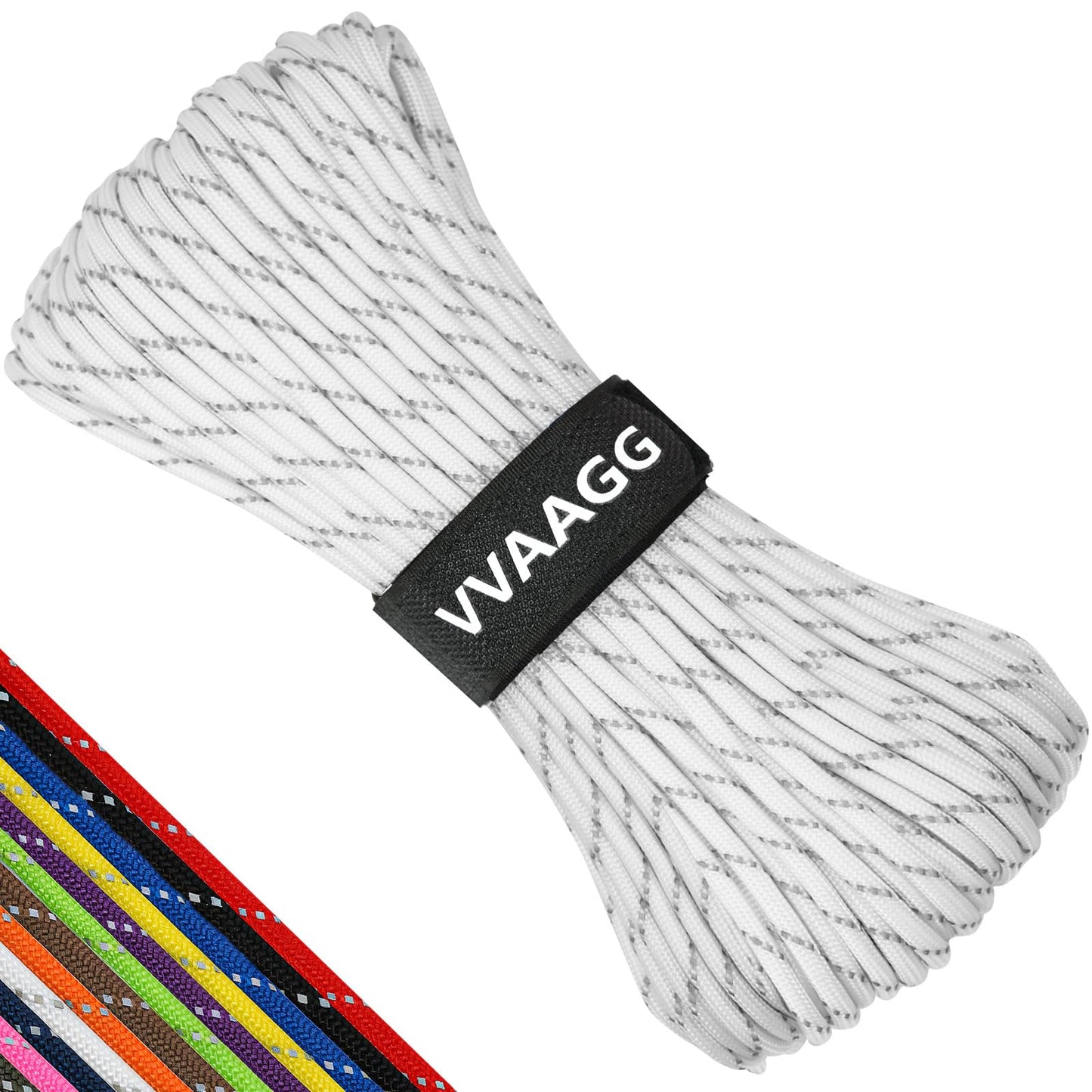 VVAAGG Reflective Paracord Rope 100FT, 7 Strand Nylon para Cord Lanyard Utility 550 Parachute Cord, 4mm Thin Tent Rope for Outdoor Camping Hiking (White)