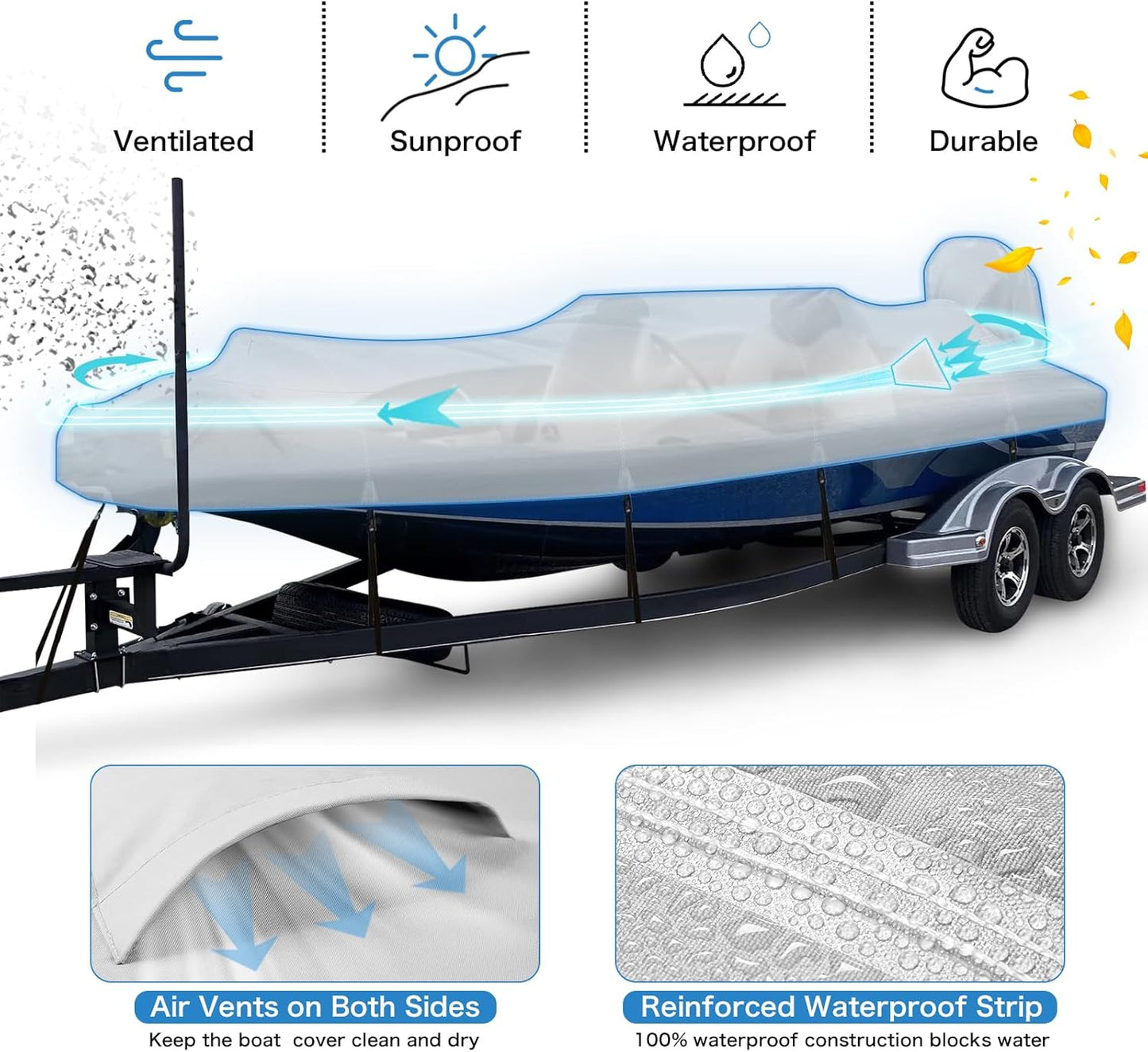 Waterproof Trailerable Boat Cover - Heavy Duty 1200D PU Marine Grade Polyester | Fits 16-18.5' Bass, Fishing, V-Hull, Runabout, Ski Boats