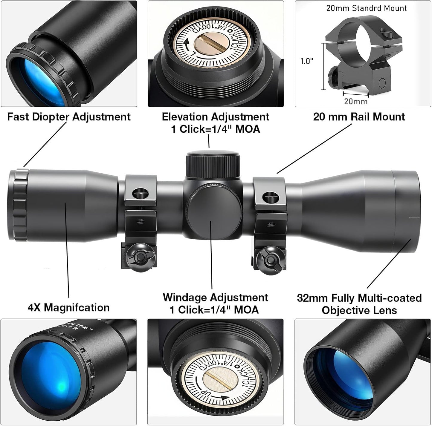 Compact Rifle Scope 4x32, for Crossbow Scope, with BDC Reticle, Ideal for Medium to Long-Range Hunting up to 500 Yards