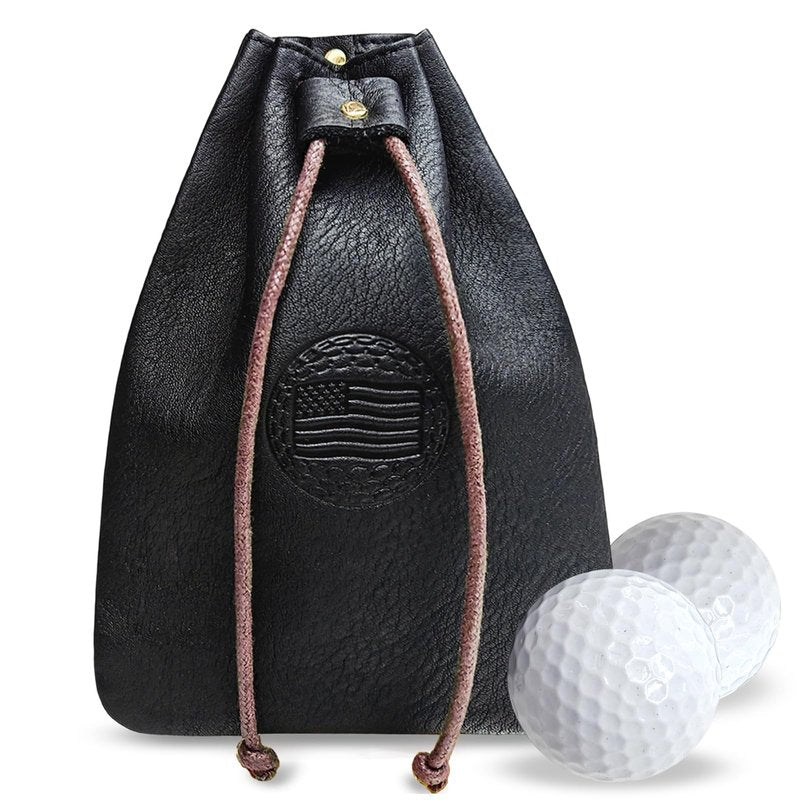 iSamzan Real Leather Golf Tee Bag: USA Golf Ball Bag Pouch with Drawstrings Valuables Pouch for Men - Cool Funny Gifts for Him Golfers Men (Black)