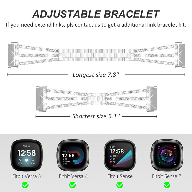 FULLIFE Compatible with Fitbit Versa 3/Fitbit Versa 4 Chain with Crystal Diamond Bling Metal Link Bracelet Strap Steel Fitbit Sense/Fitbit Sense 2 Band for Women, Silver