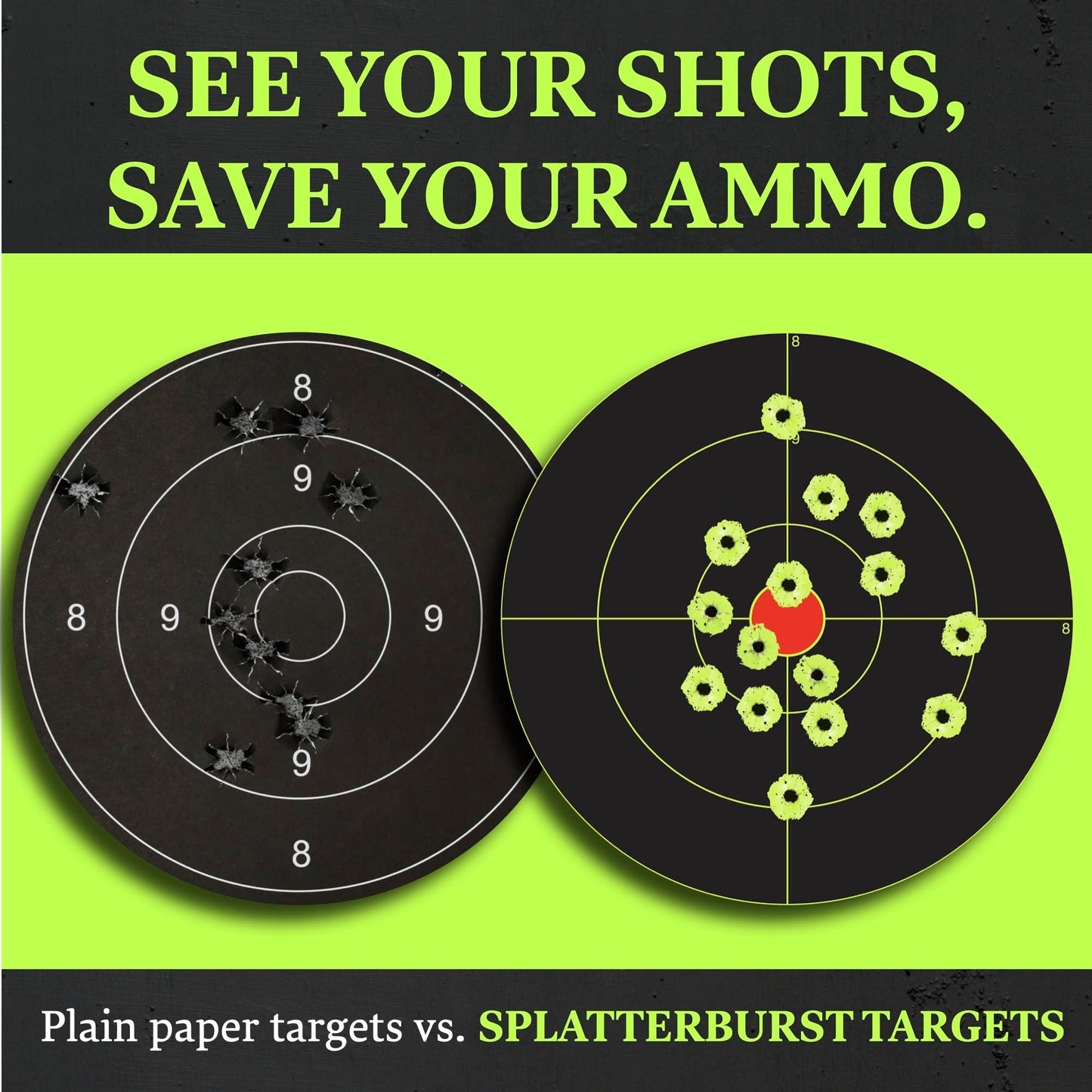 Splatterburst Targets - 12 x12 inch (5) Bullseye Splatter Target - Easily See Your Shots Burst Bright Fluorescent Yellow Upon Impact - Made in USA (10 Pack)