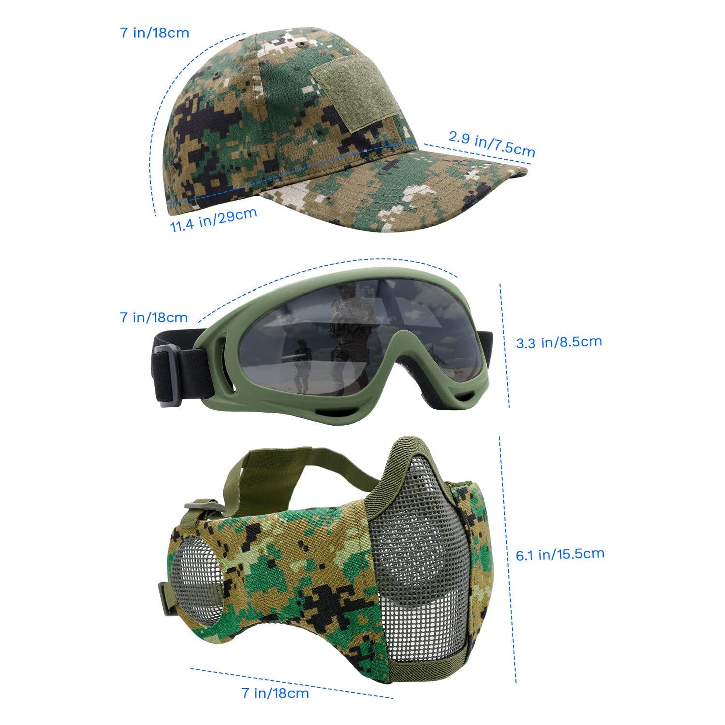 Yzpacc Airsoft Half Face Mask with Goggles Patch Hat Set Tactical Masks Full Face Ear Protective Baseball Cap for CS Halloween and Game