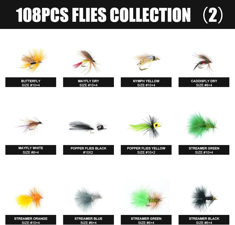 Fly Fishing Flies Assortment Kit - 64/108pcs for Trout & Bass | Waterproof Fly Box Included