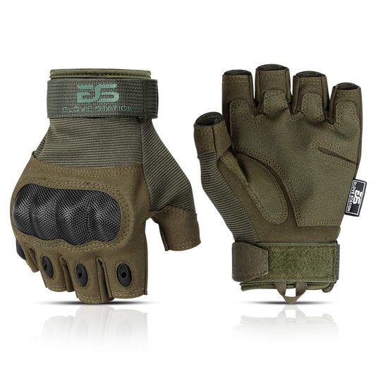 Glove Station The Combat - Fingerless Knuckle Tactical Gloves for Men - Motorcycle Gloves for Tactical Shooting, Airsoft, Hunting, Police Work and Hiking - Green, Medium