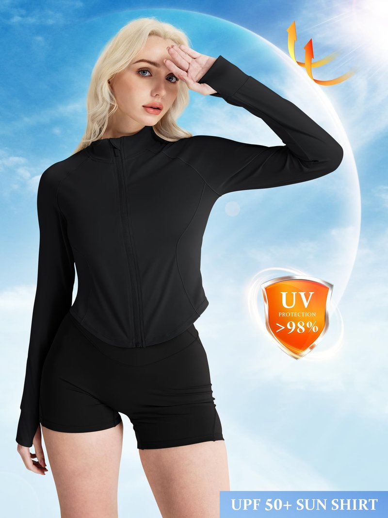 GYM RAINBOW Womens SPF Sun Shirts UV Protection Jacket Full Zip Lightweight Long Sleeve Workout Jackets Outdoor Hiking(Black,Small)