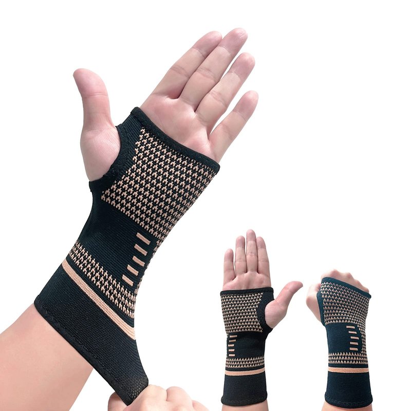 Copper Wrist Compression Sleeves(2PCS), Elastic Wrist Support Sleeve Wrist Brace for Tendonitis, Arthritis, Sprains Pain Relief, Breathable Carpal Tunnel Hand Brace for Sport, Fitness, Workout, Typing