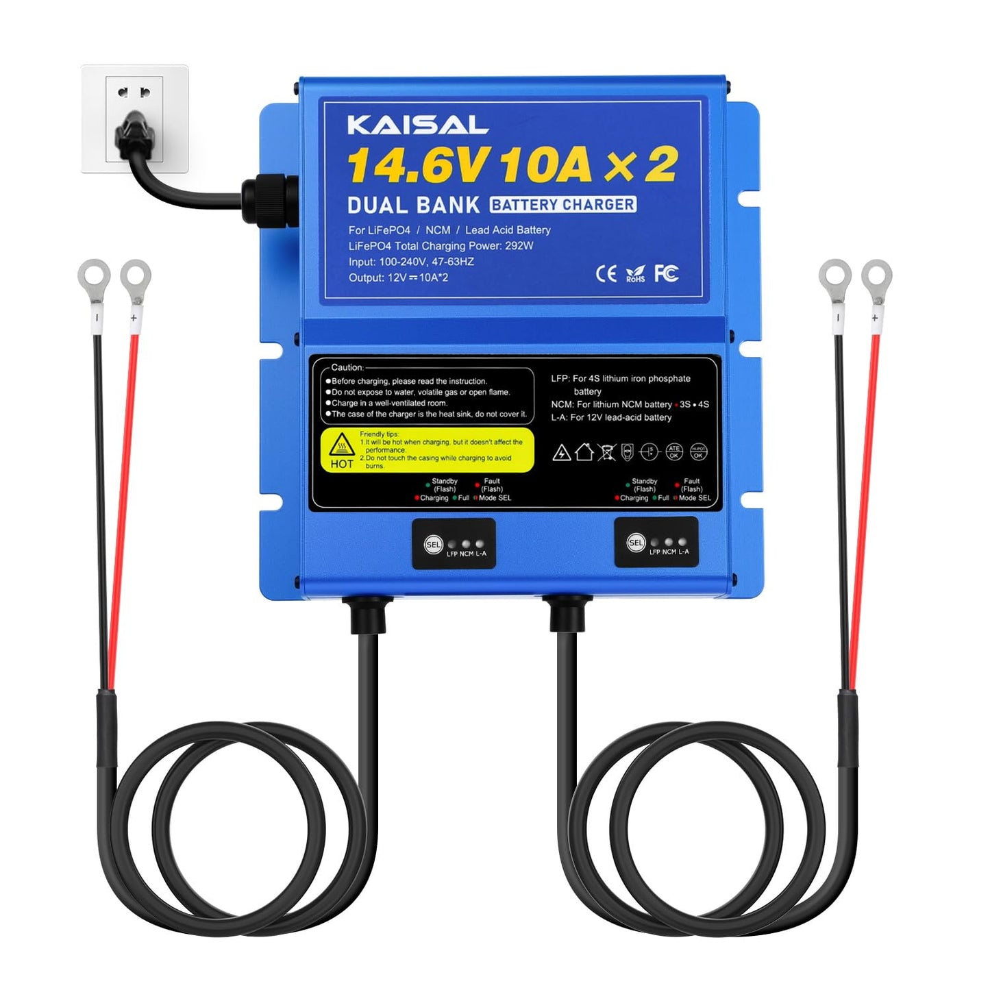 2 Bank Marine Battery Charger 12V 20A(10A/Bank) IP67 Waterproof 14.6V LiFePO4 & Lead-Acid & NCM Lithium Battery Charger 12 Volt 0V Wake Up 12V Charger, Onboard Charger for Boat, Car,RV, Trolling Motor