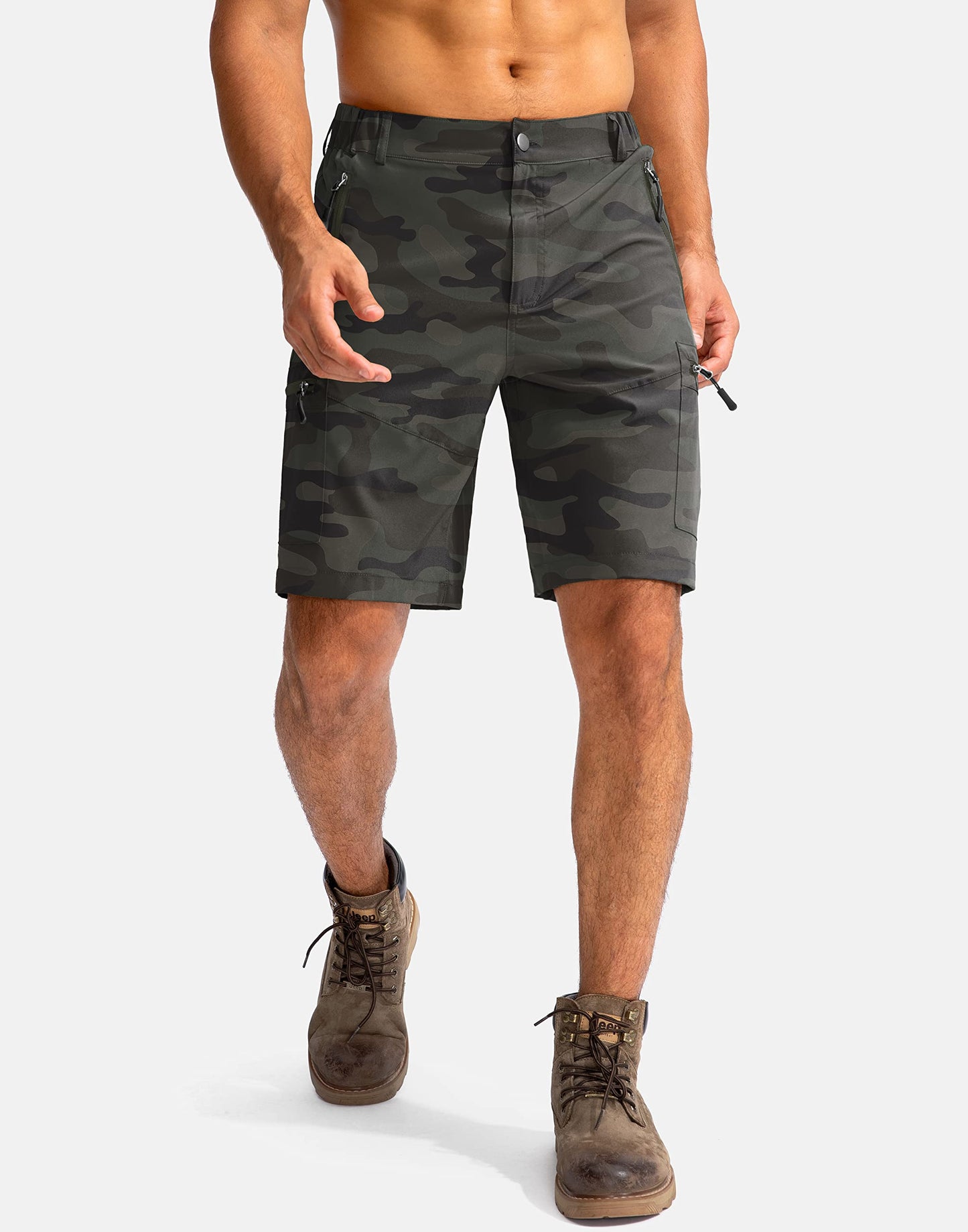 Pudolla Men's Hiking Cargo Shorts 9" Lightweight Outdoor Work Shorts for Men Travel Golf Camping Casual with 5 Zipper Pockets(Green Camo XX-Large)