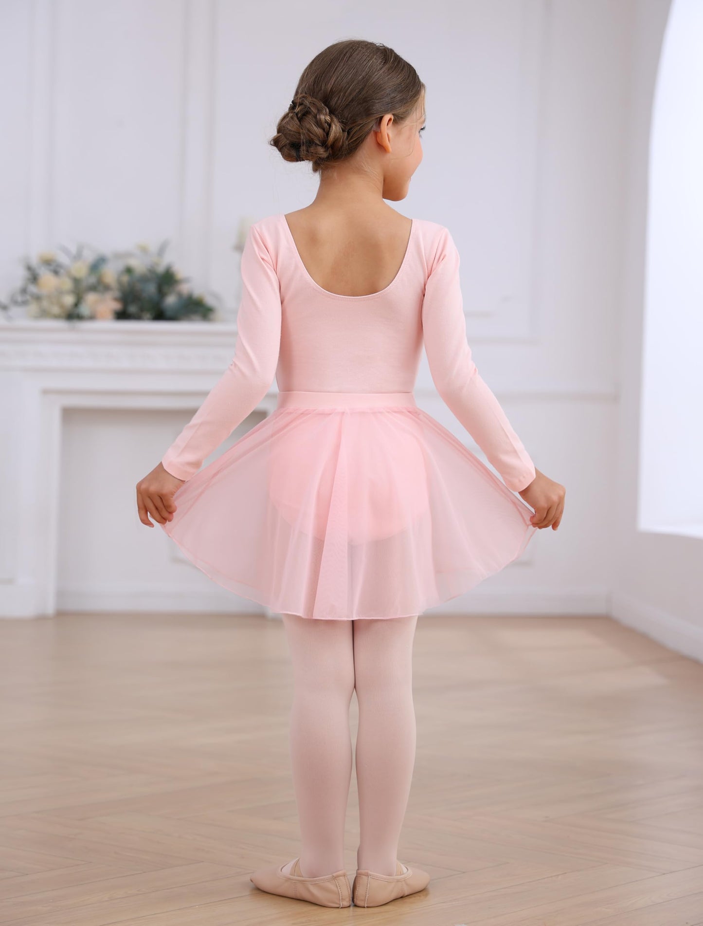 Mecceos Ballet Leotards with Skirt Tights Combo for Toddler Girls Dance Long Sleeve Leotard Ballerina Dresses Outfits (Ballet Pink, 8-10 Years, MEAM-322)