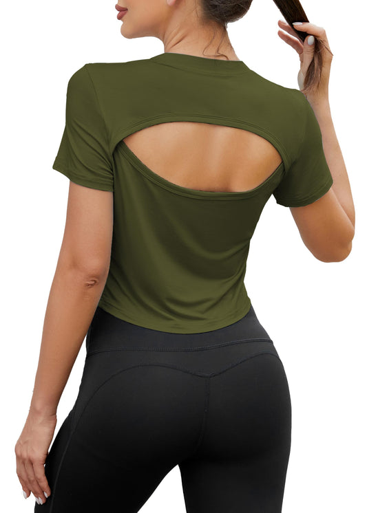 Bestisun Open Back Workout Shirt for Women Short Sleeve Fitness Exercise Tops Backless Tops for Women Army Green L