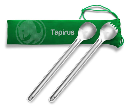 Tapirus Long Spork and Long Spoon Set | Deep Reach Stainless Steel Eating Utensils for MRE Bag | Keep Hands Clean and Away from Heat | Carry Bag Ideal for Hiking, Camping, Backpacking