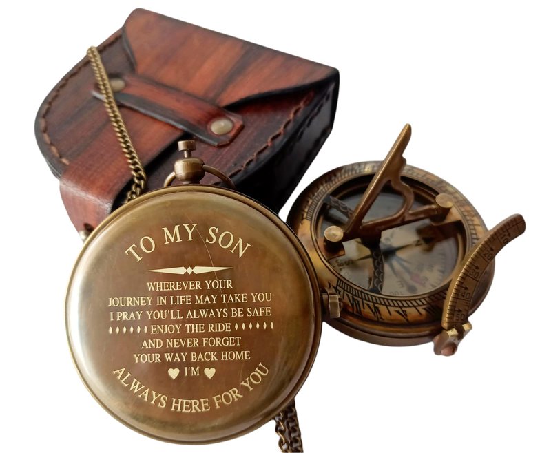 to My Son Compass Personalized Sundial Compass with Leather Case/Gift for Son/to My Son Gifts/Mom to Son Gift/Dad to Son/Grandson Gift, Directional Magnetic Sundial Compass