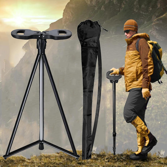 Cane with Seat 2-in-1 Foldable Walking Sticks Chair for Men Women Elderly Walk Cane Portable Trekking Poles Shrinkable Aluminum Lightweight Non-Skid Travel Storage Bag for Adult Outdoor Hiking