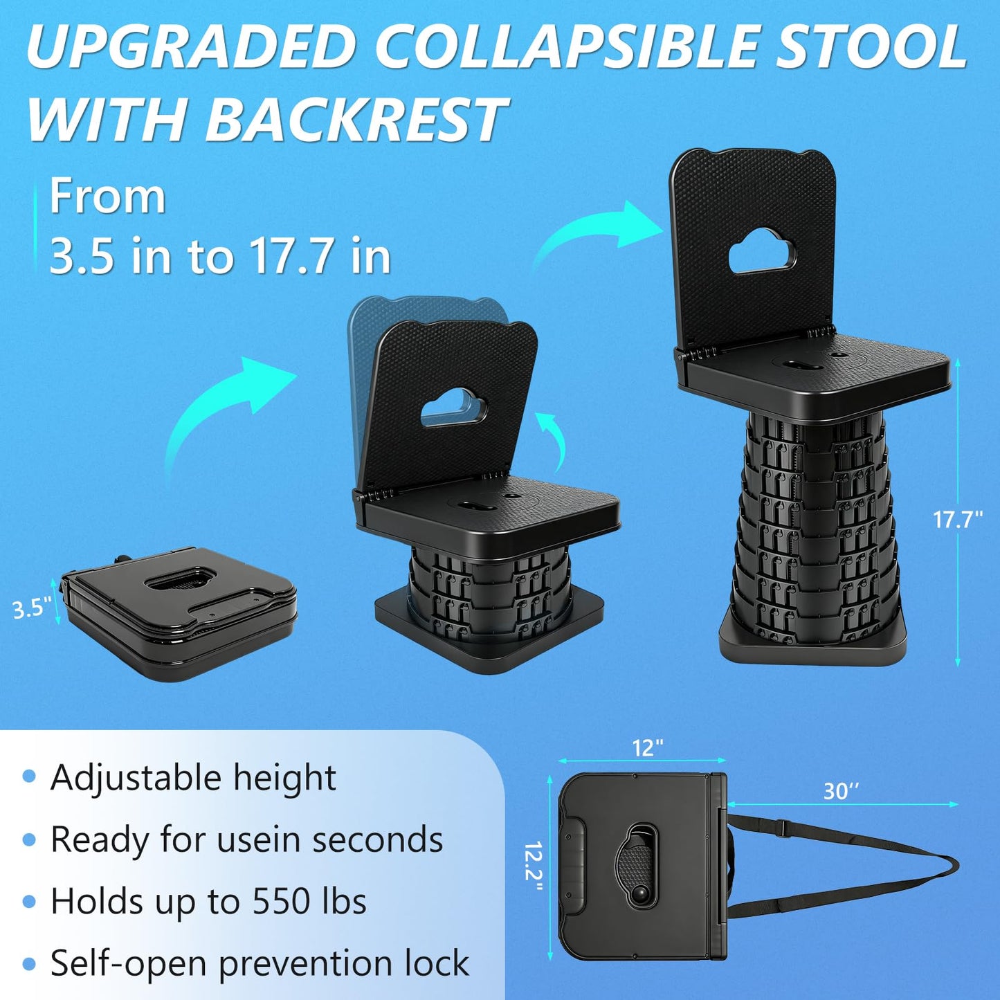 graxie Upgraded Collapsible Stool with Backrest, Portable Telescopic Seat with Carry Bag, Square Folding Stool for Camping Gardening Fishing Hiking BBQ, Max Load Capacity 550lbs