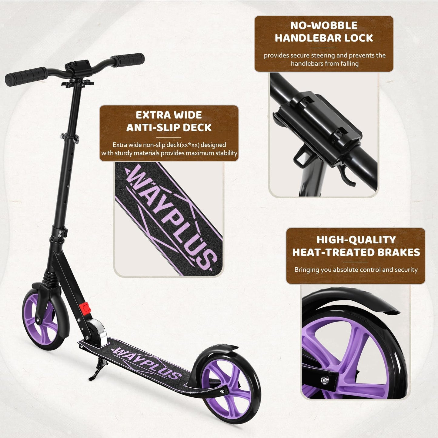 WAYPLUS Kick Scooter for Ages 6+,Kid, Teens & Adults. Max Load 240 LBS. Foldable, Lightweight, 8IN Big Wheels for Kids, Teen and Adults, 4 Adjustable Levels. Bearing ABEC9