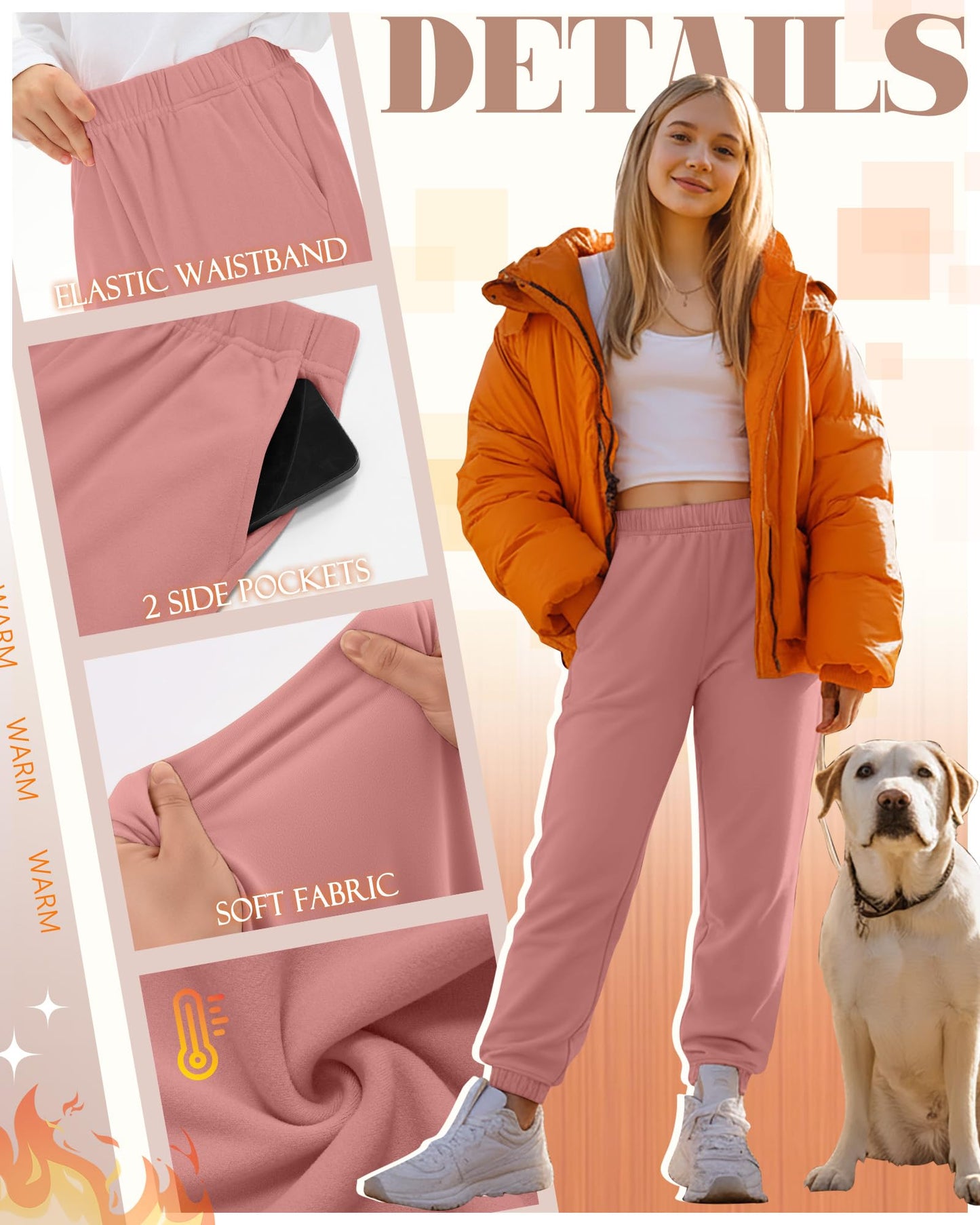 LessonZoo 3 Pack Girls Fleece Joggers Sweatpants, 5-16 Years Thermal Baggy Elastic Waist Athletic Activewear with Pockets(Coral Pink, Light Gray, Black,Large)