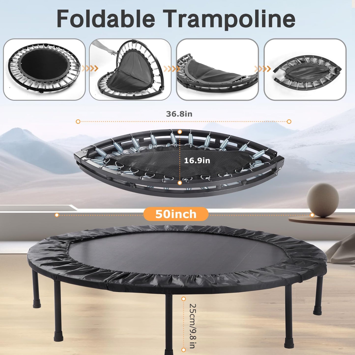 50 inch Rebounder Trampoline for Adults,Mini Trampoline for Adults Fitness, Portable Indoor/Outdoor Foldable Rebounder